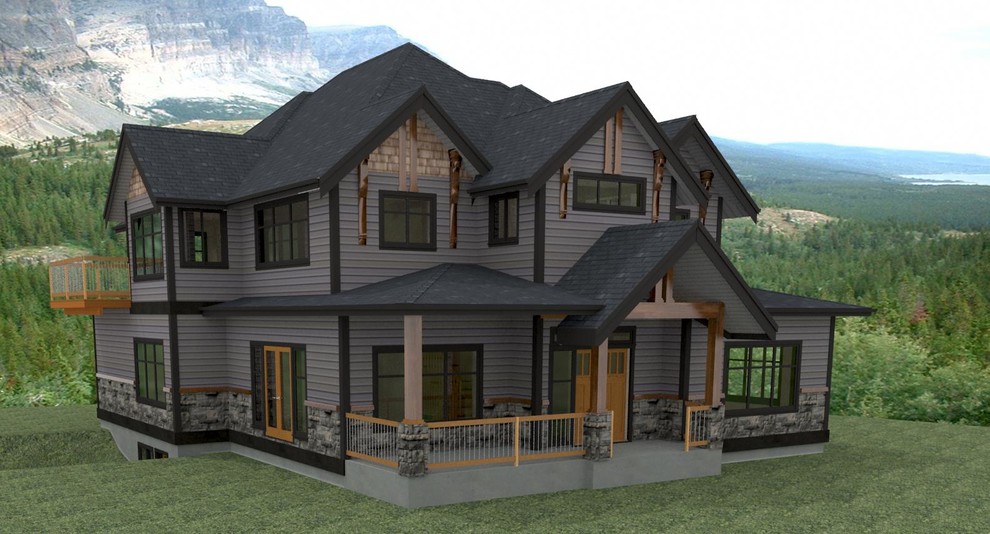 Example of a large classic gray two-story mixed siding exterior home design in Vancouver