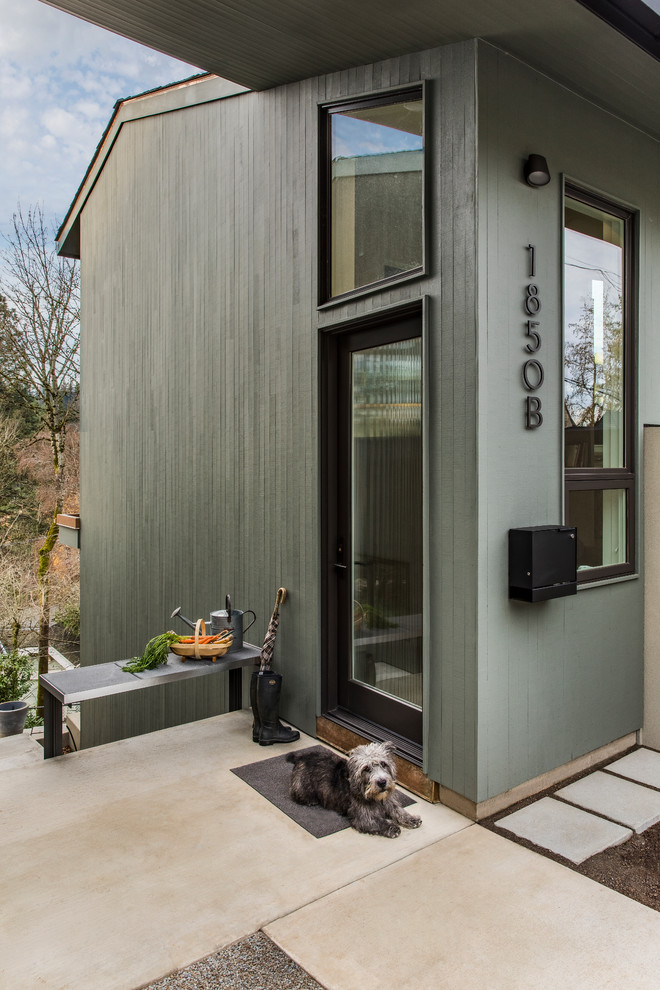 Green and small modern house exterior in Portland with wood cladding, a lean-to roof and a shingle roof.