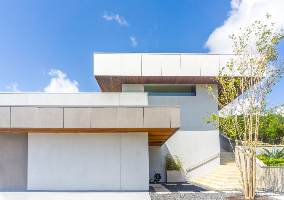 Ispirazione per la facciata di una casa ampia grigia moderna a due piani con rivestimento in cemento e tetto piano