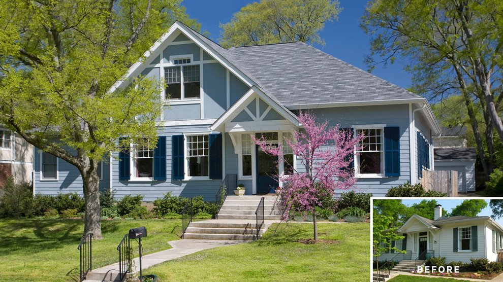 Design ideas for a blue traditional two floor house exterior in Nashville with mixed cladding.