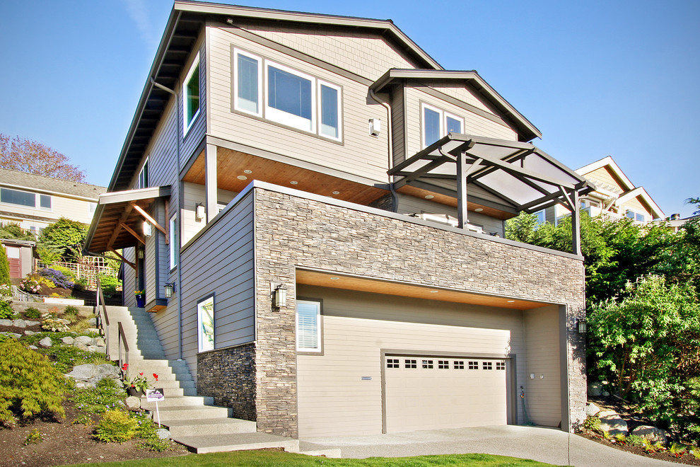 Design ideas for a small and gey classic house exterior in Seattle with three floors and mixed cladding.