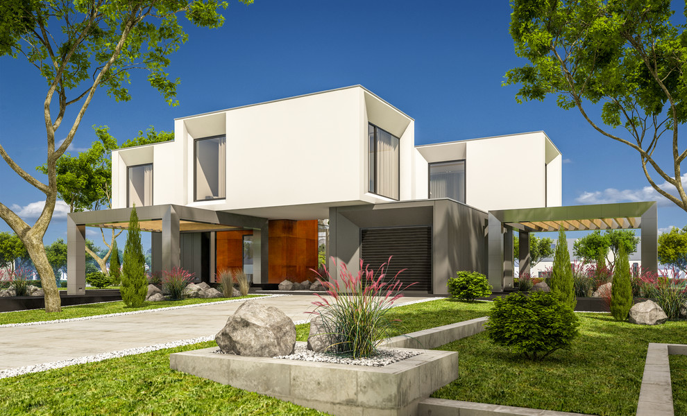 На фото: большой, белый частный загородный дом в стиле модернизм с разными уровнями, комбинированной облицовкой и плоской крышей с