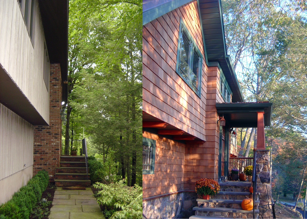 Zweistöckige Rustikale Holzfassade Haus mit brauner Fassadenfarbe in New York