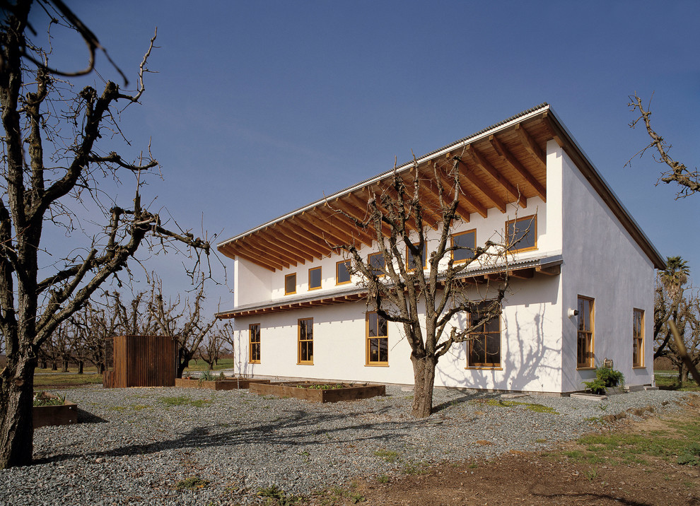 Diseño de fachada tradicional renovada de dos plantas con tejado de un solo tendido