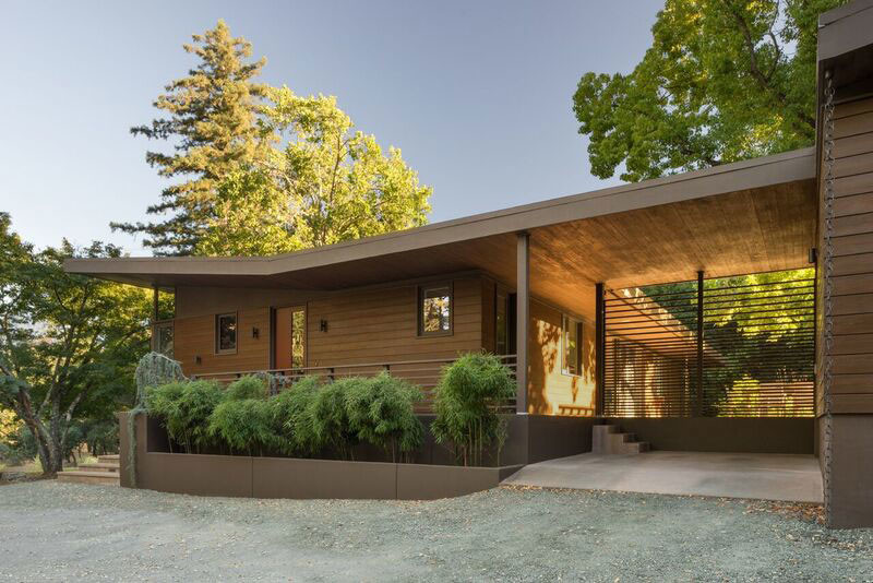 Пример оригинального дизайна: одноэтажный, деревянный, коричневый дом среднего размера в современном стиле с односкатной крышей