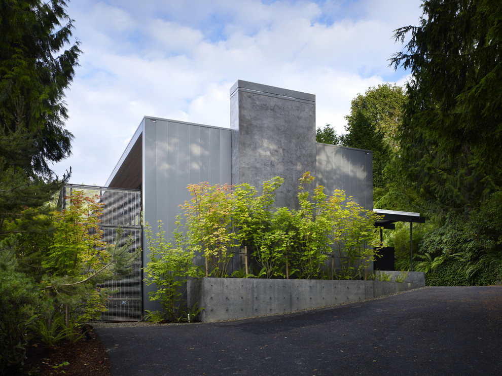Exempel på ett mellanstort modernt grått hus i flera nivåer, med metallfasad och platt tak