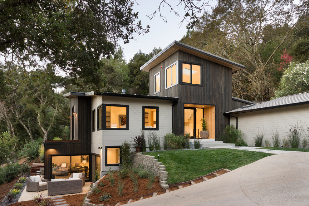 Идея дизайна: трехэтажный, коричневый частный загородный дом среднего размера в современном стиле с комбинированной облицовкой, односкатной крышей и металлической крышей