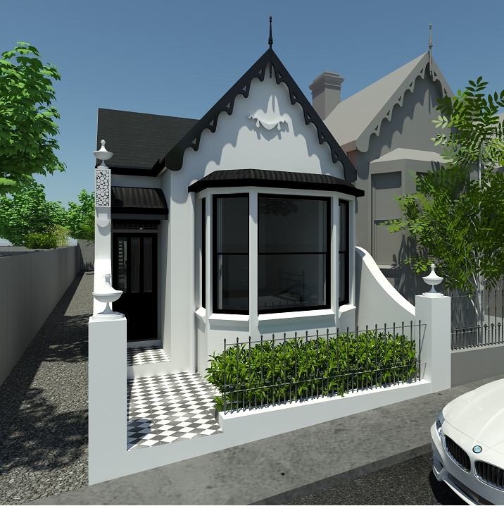 Cette photo montre une façade de maison blanche victorienne en panneau de béton fibré de taille moyenne et à un étage avec un toit à quatre pans et un toit en tuile.