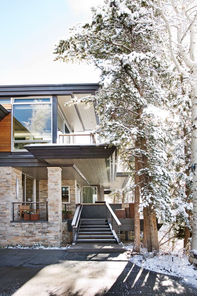 Design ideas for a contemporary house exterior in Denver with stone cladding.