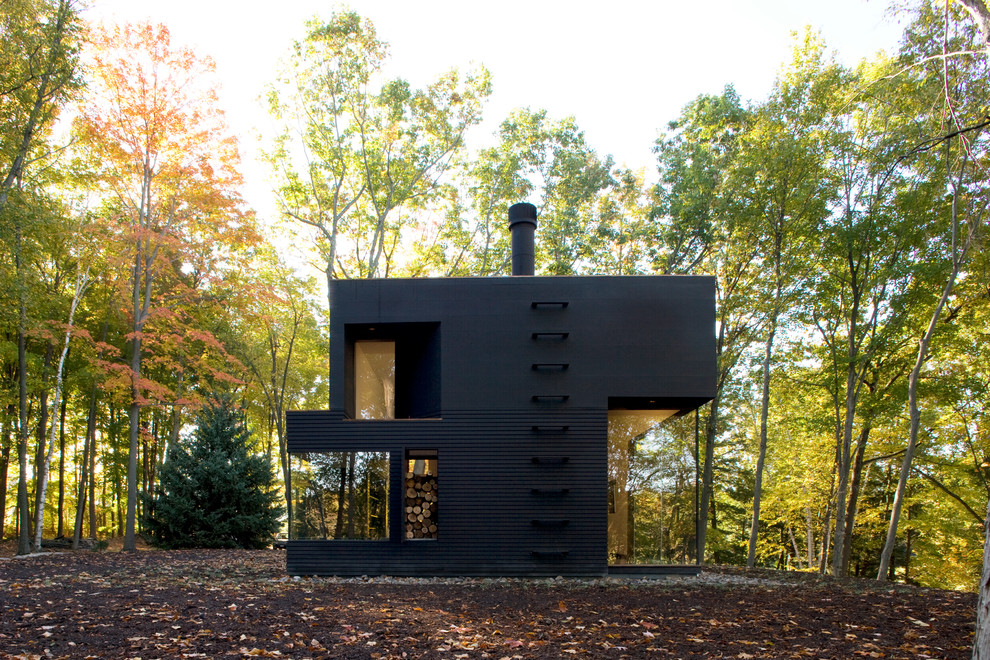Inspiration pour une façade de maison noire minimaliste à un étage.