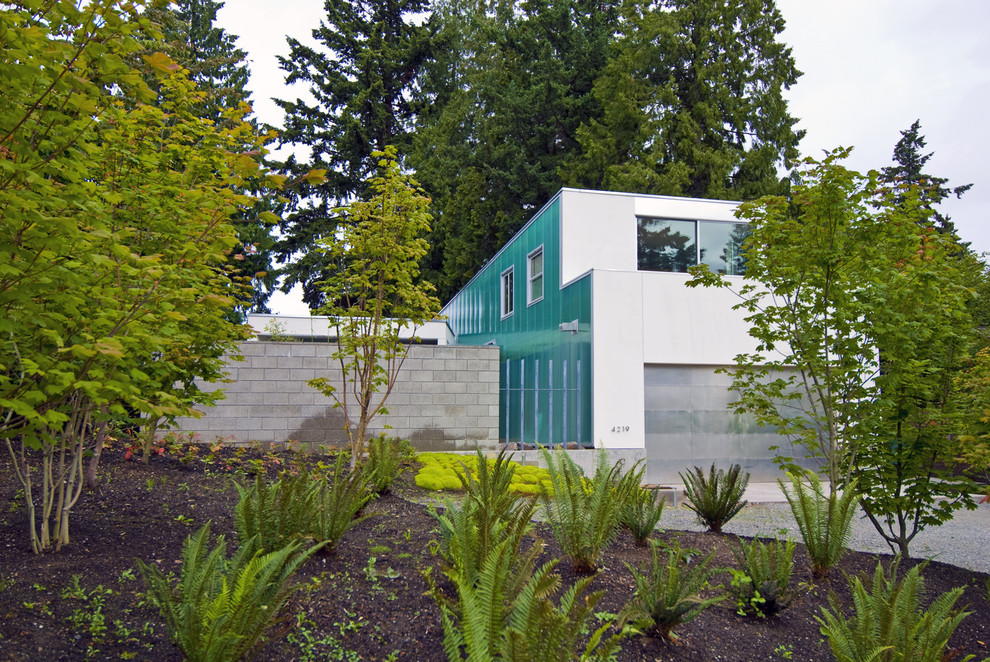 Blue contemporary house exterior in Seattle.