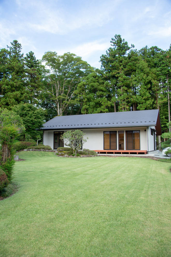 Modelo de fachada de casa blanca actual de tamaño medio de dos plantas con revestimientos combinados, tejado a dos aguas y tejado de metal