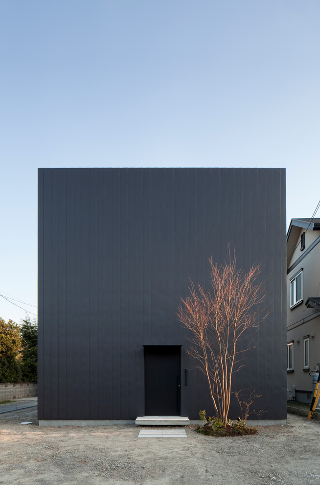 Mittelgroßes, Zweistöckiges Modernes Haus mit Metallfassade, schwarzer Fassadenfarbe und Flachdach in Sonstige
