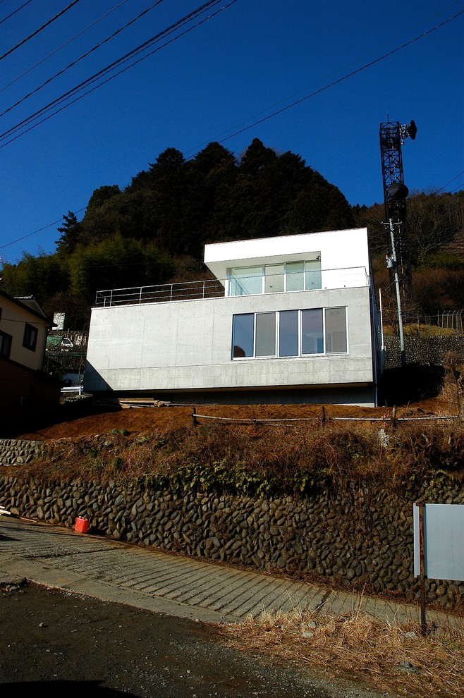 На фото: двухэтажный, белый частный загородный дом в стиле модернизм с облицовкой из бетона, односкатной крышей и металлической крышей