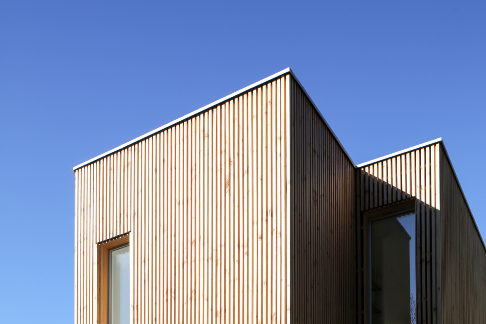 Стильный дизайн: двухэтажный, деревянный частный загородный дом среднего размера в современном стиле с плоской крышей - последний тренд