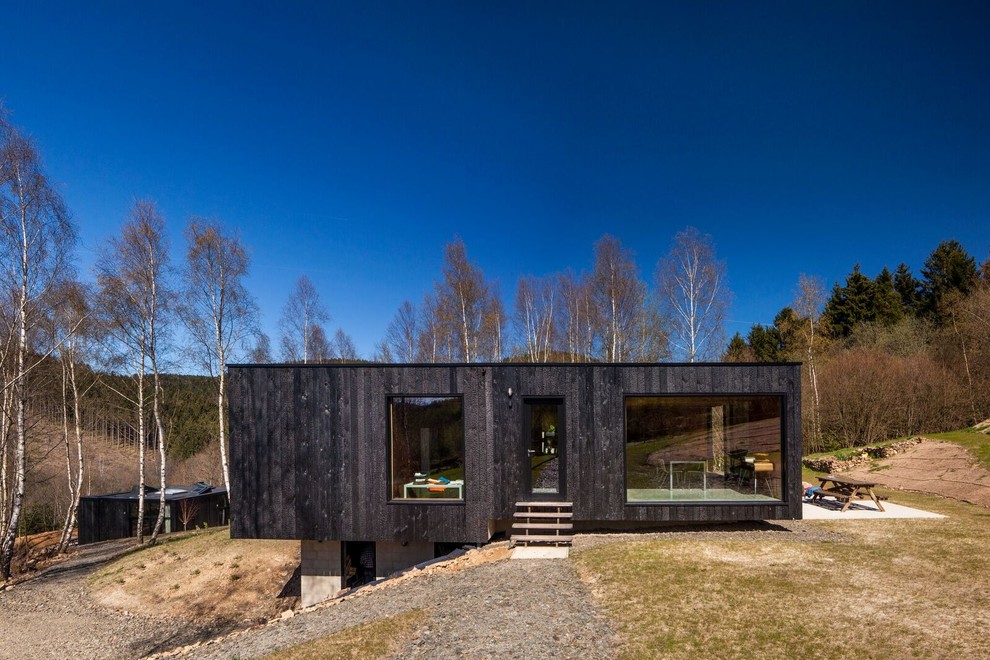 Inspiration pour une façade de maison noire asiatique en bois avec un toit plat.
