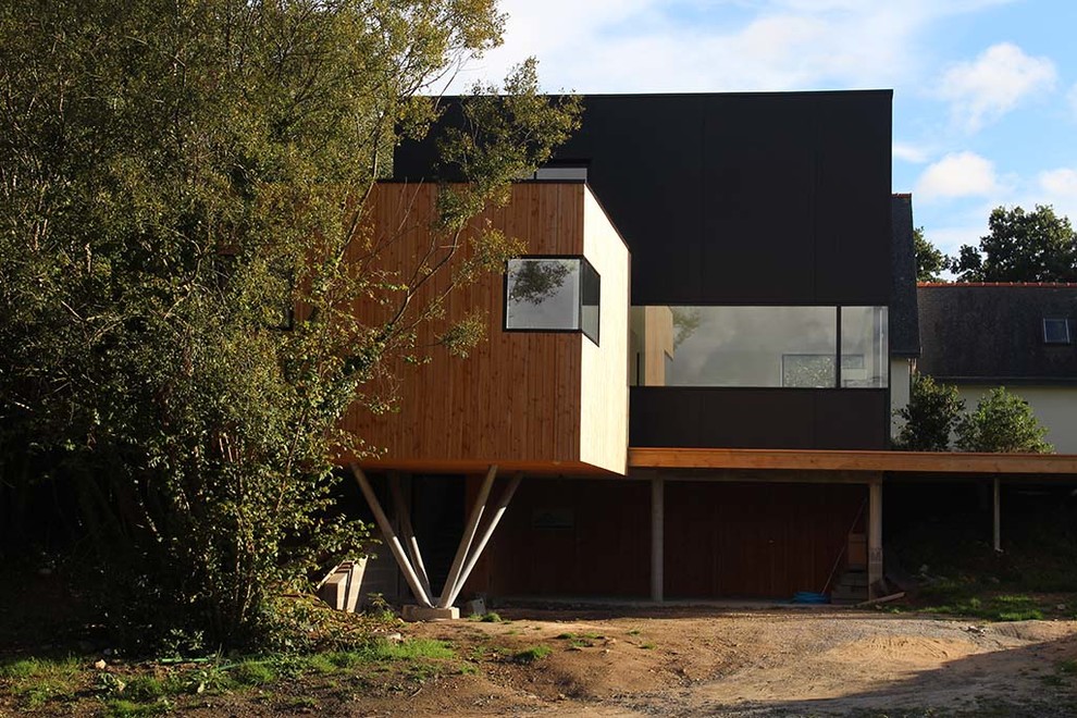 Idée de décoration pour une façade de maison noire design de taille moyenne et à un étage avec un toit plat.