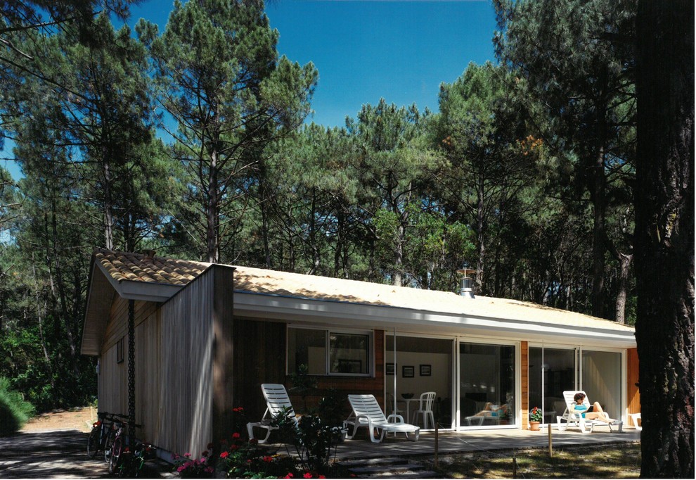 Esempio della villa piccola contemporanea a un piano con rivestimento in legno, tetto a capanna e copertura verde