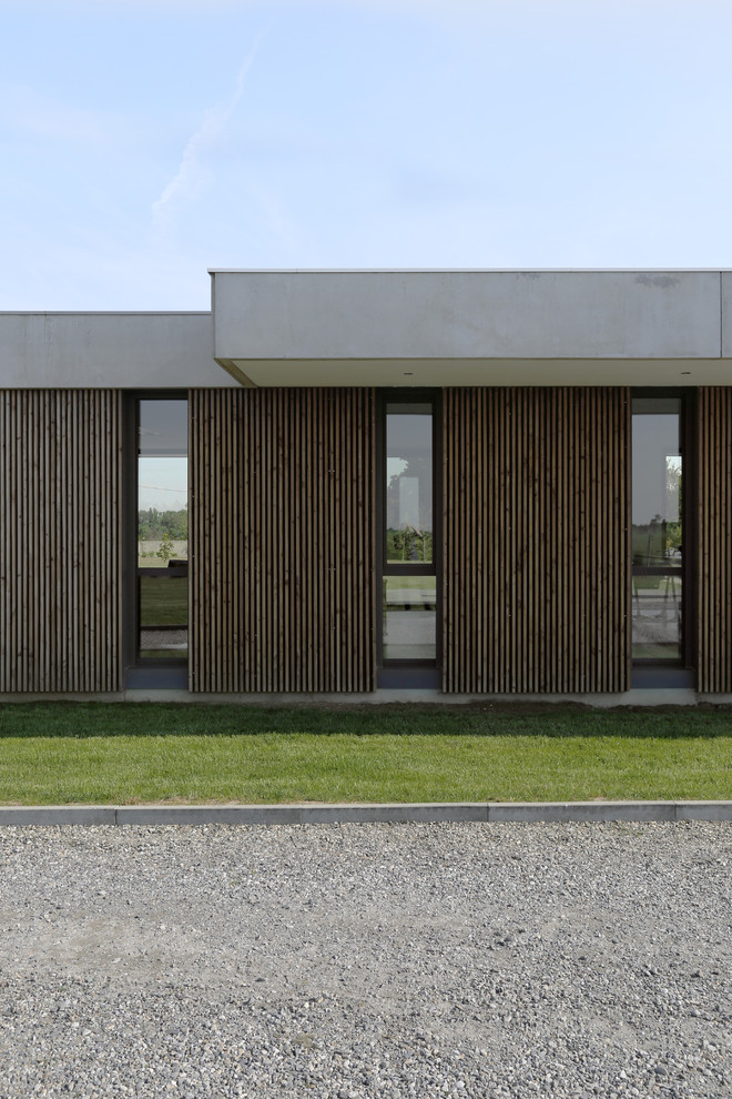 Imagen de fachada marrón actual grande de una planta con revestimiento de madera y tejado plano