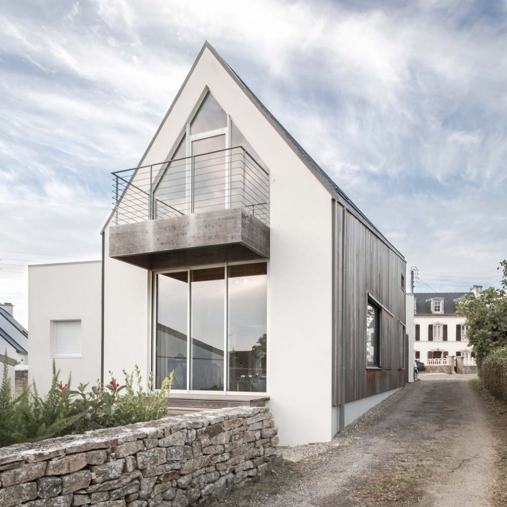 Réalisation d'une façade de maison design de taille moyenne et à un étage avec un revêtement mixte et un toit mixte.