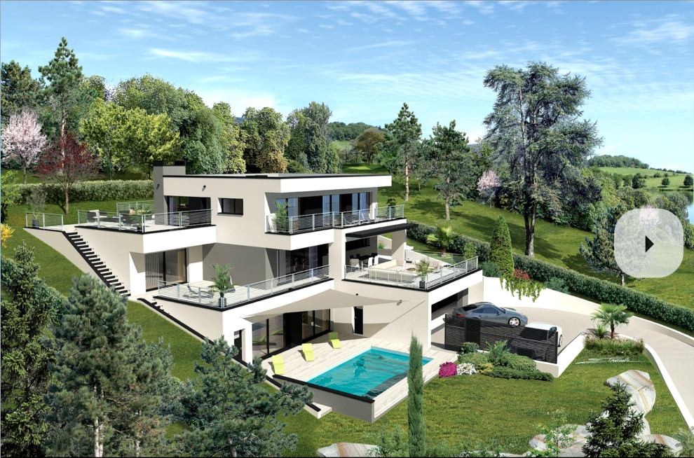 Inspiration pour une grande façade de maison blanche minimaliste en béton à deux étages et plus avec un toit plat.