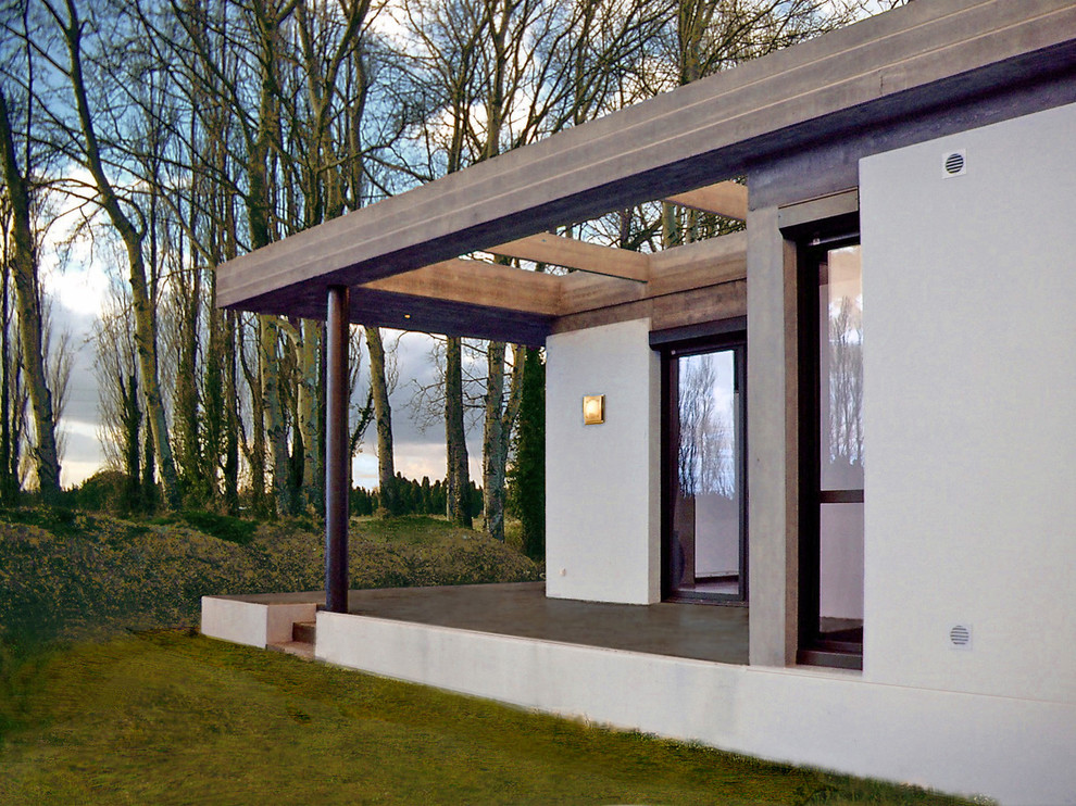 Aménagement d'une grande façade de maison grise contemporaine en béton de plain-pied avec un toit plat et un toit végétal.
