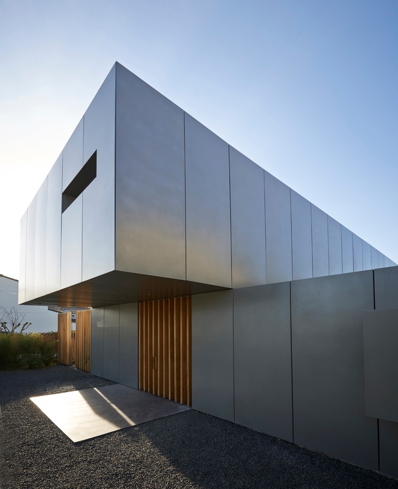 Idee per la facciata di una casa grande grigia contemporanea a due piani con tetto piano