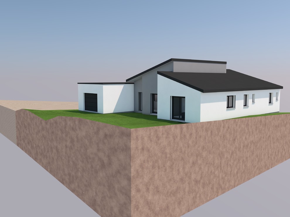 Cette image montre une grande façade de maison grise design en béton de plain-pied avec un toit en appentis et un toit en tuile.