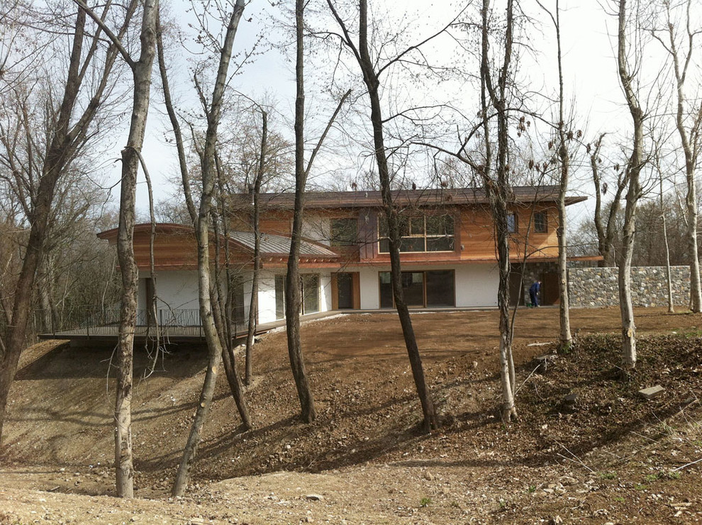 Modelo de fachada de casa blanca de estilo de casa de campo grande de dos plantas con revestimiento de madera, tejado plano y tejado de metal
