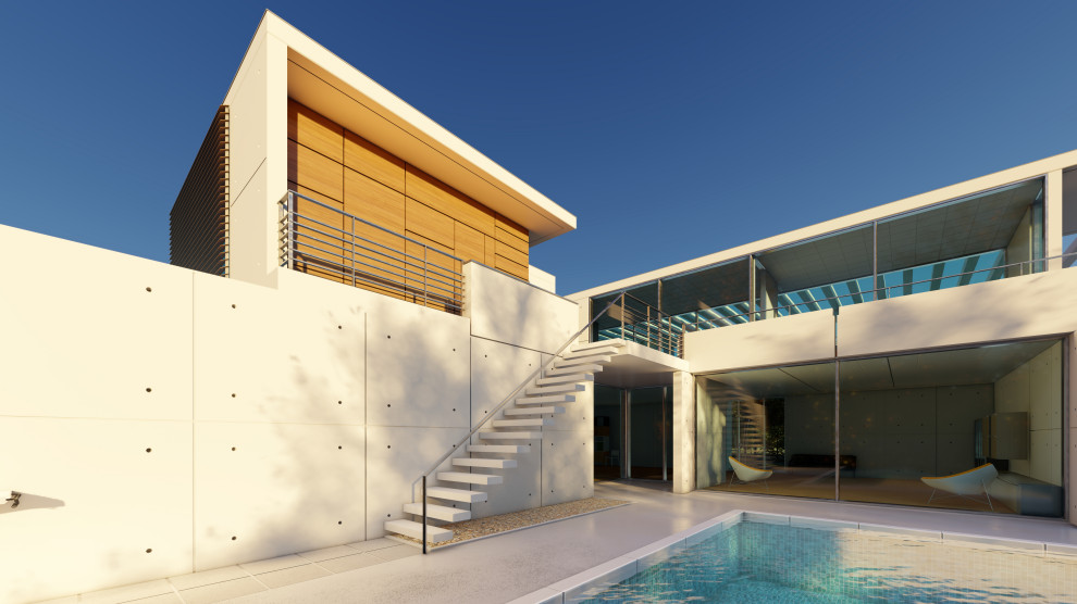 На фото: большой, белый частный загородный дом в стиле модернизм с разными уровнями, облицовкой из ЦСП, плоской крышей и крышей из смешанных материалов с