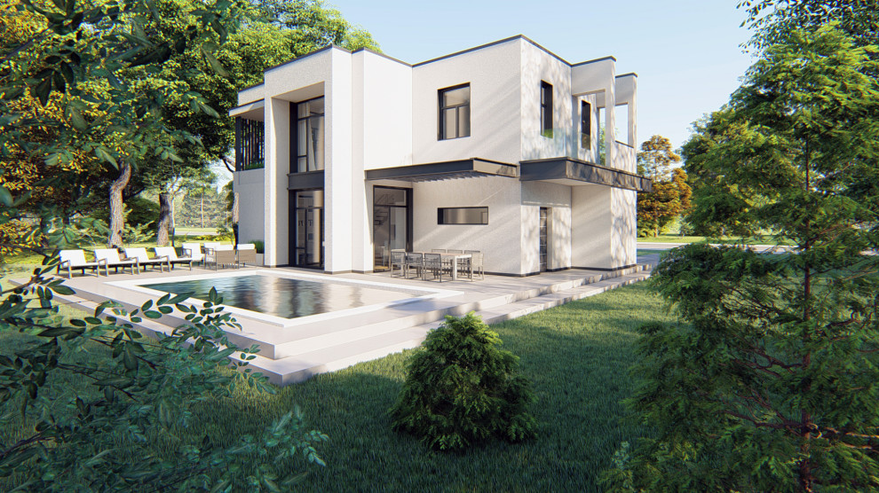 Стильный дизайн: большой, двухэтажный, белый частный загородный дом в современном стиле с облицовкой из цементной штукатурки и плоской крышей - последний тренд