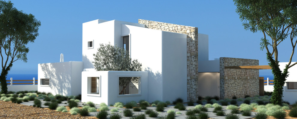 Design ideas for a large and white mediterranean two floor detached house in Alicante-Costa Blanca with mixed cladding, a flat roof and a mixed material roof.