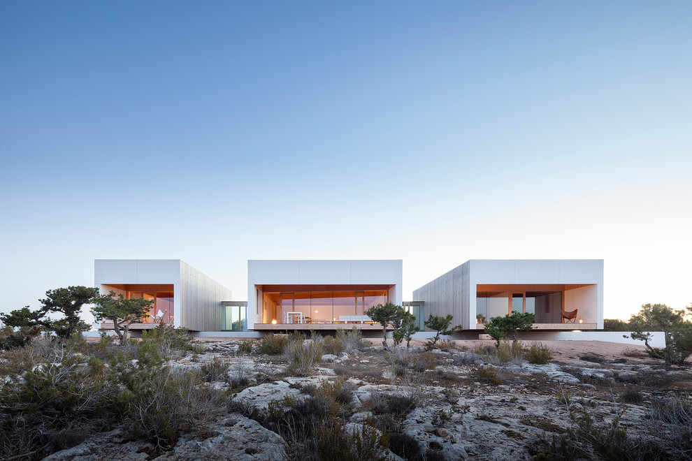 Inspiration för mellanstora moderna grå hus, med två våningar, platt tak och tak i mixade material