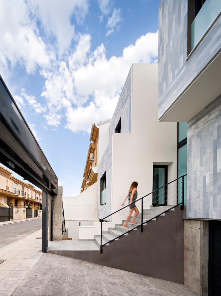 Idées déco pour une grande façade de maison grise contemporaine en pierre à un étage avec un toit plat.