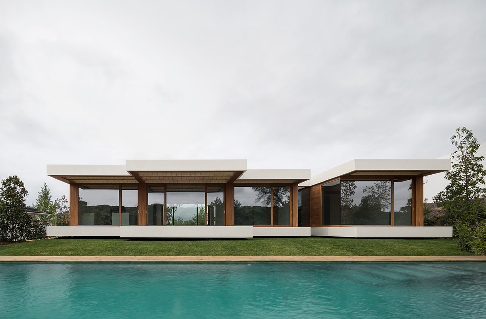 Inspiration för stora moderna bruna hus, med allt i ett plan, glasfasad och platt tak
