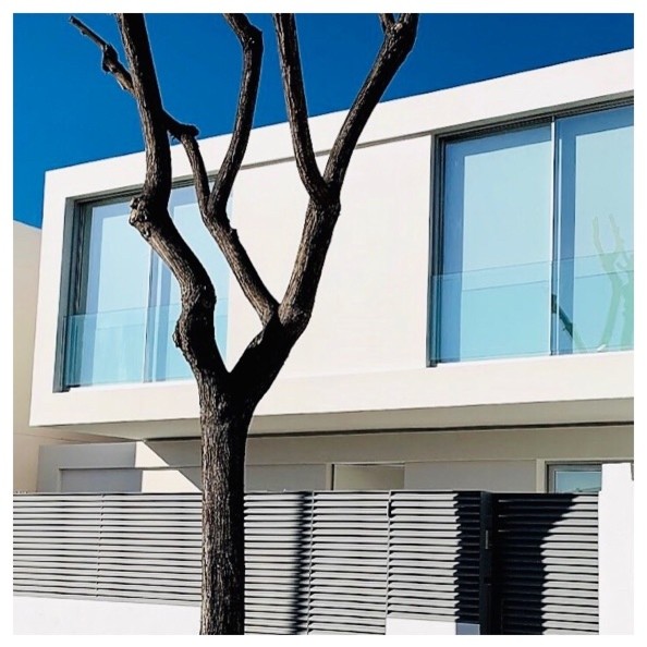 Diseño de fachada de casa blanca moderna de tamaño medio de dos plantas con revestimiento de aglomerado de cemento, tejado plano y tejado de varios materiales
