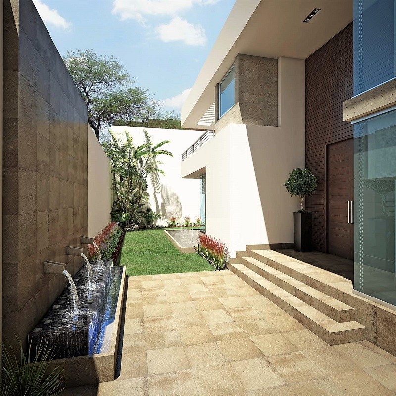 Exemple d'une grande façade de maison beige tendance à un étage avec un revêtement mixte et un toit en appentis.