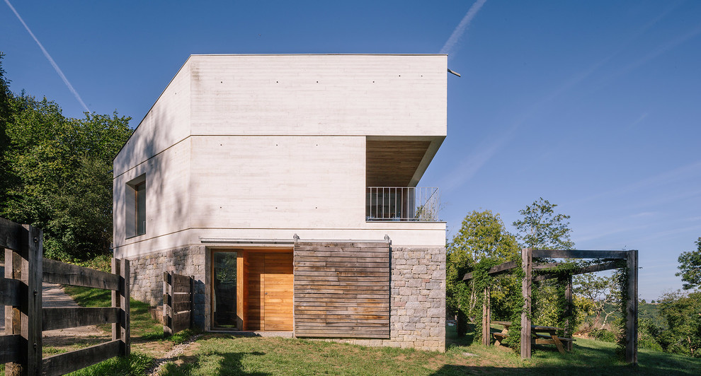 Esempio della facciata di una casa grigia contemporanea a tre piani di medie dimensioni con rivestimento in cemento e tetto piano