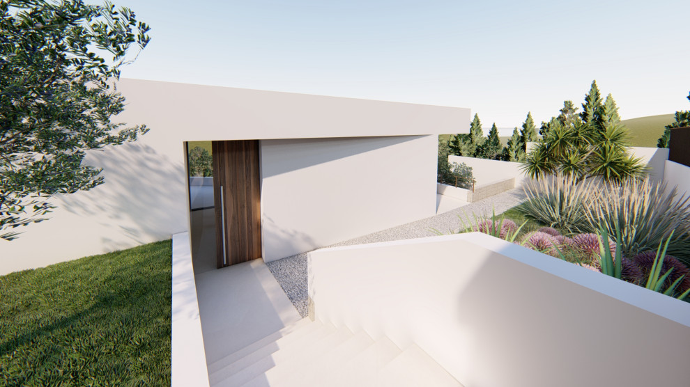 На фото: большой, двухэтажный, белый частный загородный дом в стиле модернизм с облицовкой из камня, плоской крышей и крышей из смешанных материалов с