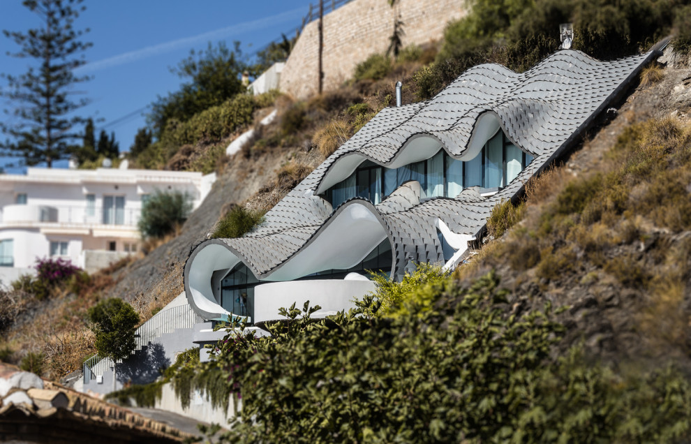 他の地域にある高級なモダンスタイルのおしゃれな家の外観 (混合材サイディング、混合材屋根) の写真