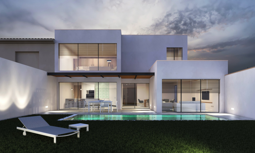Foto de fachada de casa blanca minimalista de tamaño medio de dos plantas con revestimiento de vidrio, tejado plano y tejado de varios materiales