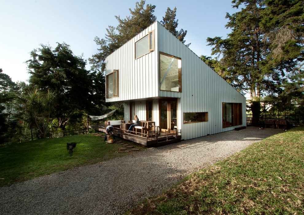 Идея дизайна: двухэтажный, белый частный загородный дом среднего размера в современном стиле с облицовкой из металла и односкатной крышей