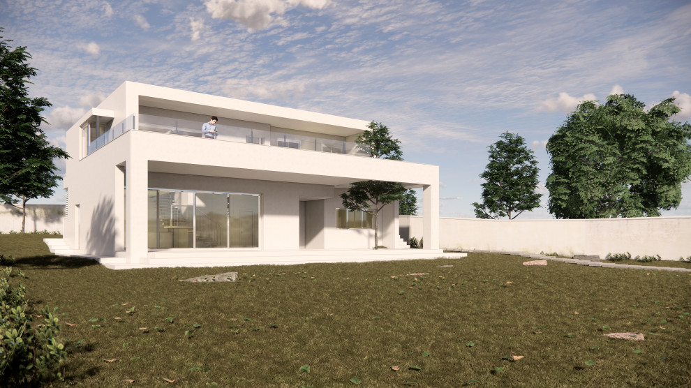 Inspiration för mellanstora moderna vita hus, med två våningar, fiberplattor i betong, platt tak och tak i mixade material