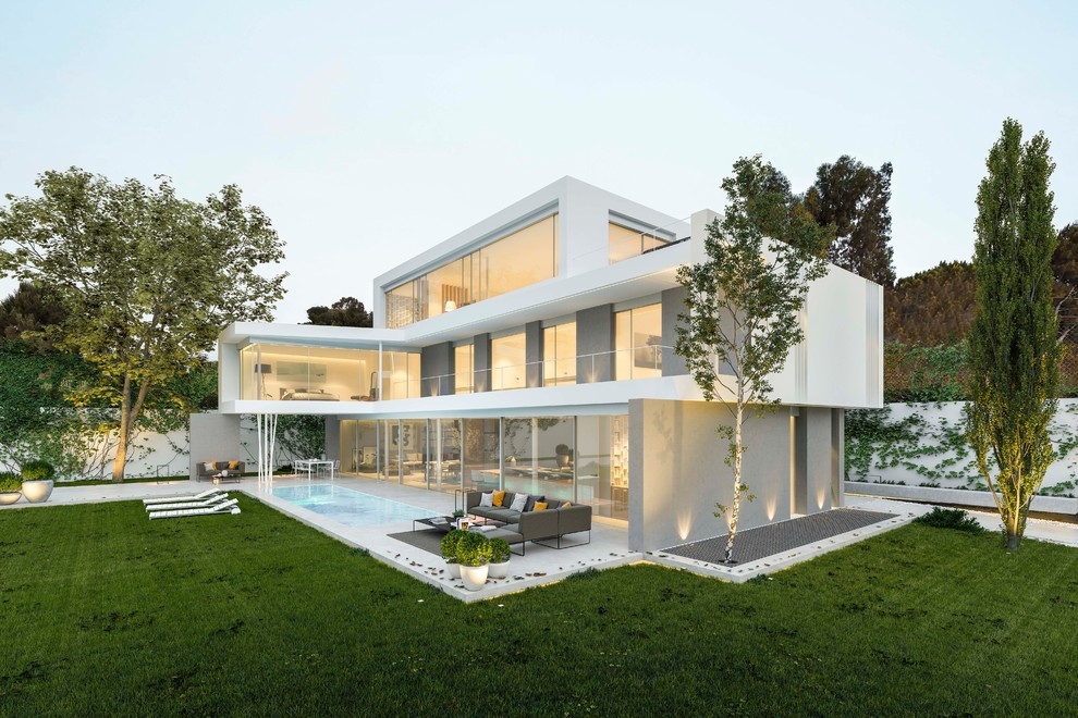 Imagen de fachada de casa blanca actual grande de tres plantas con revestimientos combinados, tejado plano y techo verde