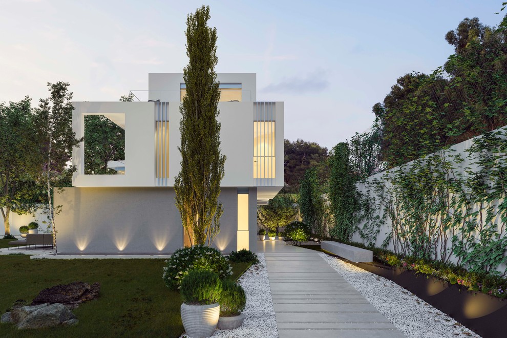 Свежая идея для дизайна: большой, трехэтажный, белый частный загородный дом в современном стиле с комбинированной облицовкой, плоской крышей и зеленой крышей - отличное фото интерьера