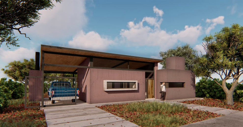 Стильный дизайн: одноэтажный, фиолетовый частный загородный дом среднего размера в стиле кантри с облицовкой из цементной штукатурки и плоской крышей - последний тренд