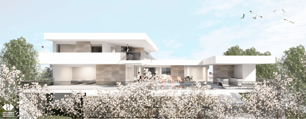 Immagine della villa grande beige moderna a due piani con rivestimento in pietra, tetto piano e copertura mista