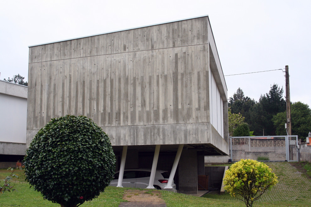Immagine della facciata di una casa grigia contemporanea a un piano di medie dimensioni con rivestimento con lastre in cemento e tetto piano