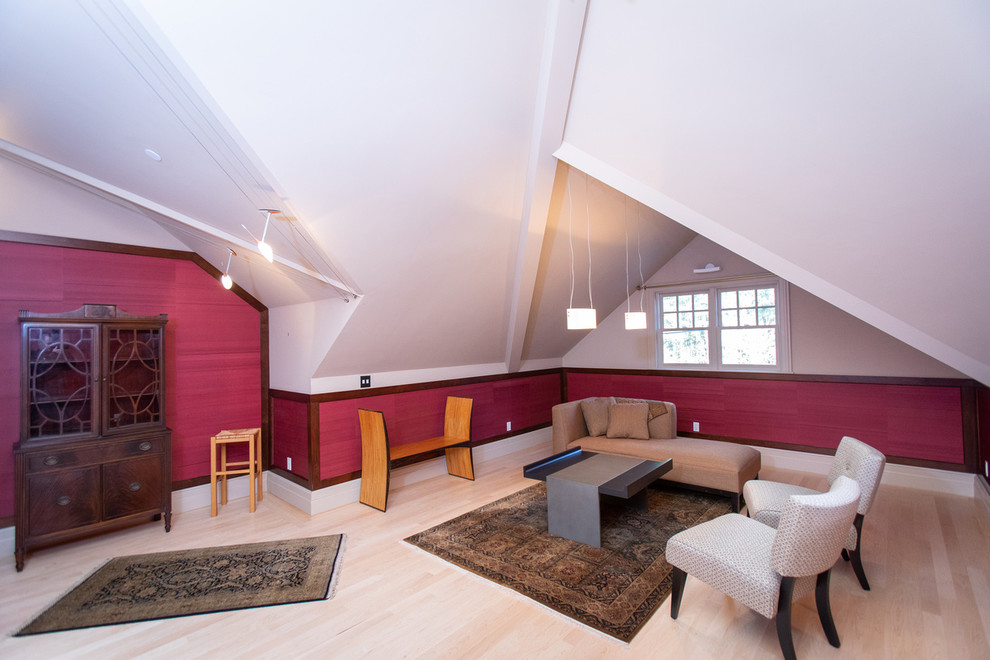 Design ideas for a large traditional enclosed games room in Boston with beige walls and light hardwood flooring.