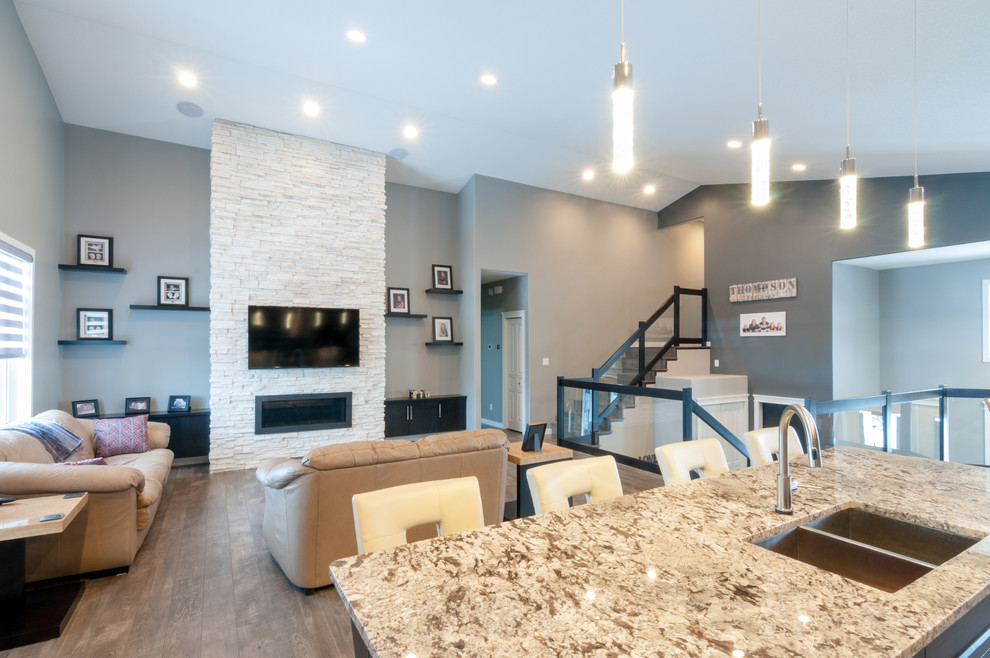 Photo of a large contemporary open plan games room in Other with grey walls, dark hardwood flooring, a ribbon fireplace, a stone fireplace surround, a wall mounted tv and brown floors.